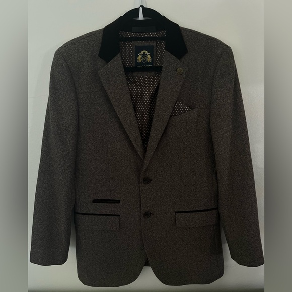 Marc Darcy London Brown Blazer Herringbone Tweed Sportscoat Jacket Velvet Patch - Picture 2 of 9